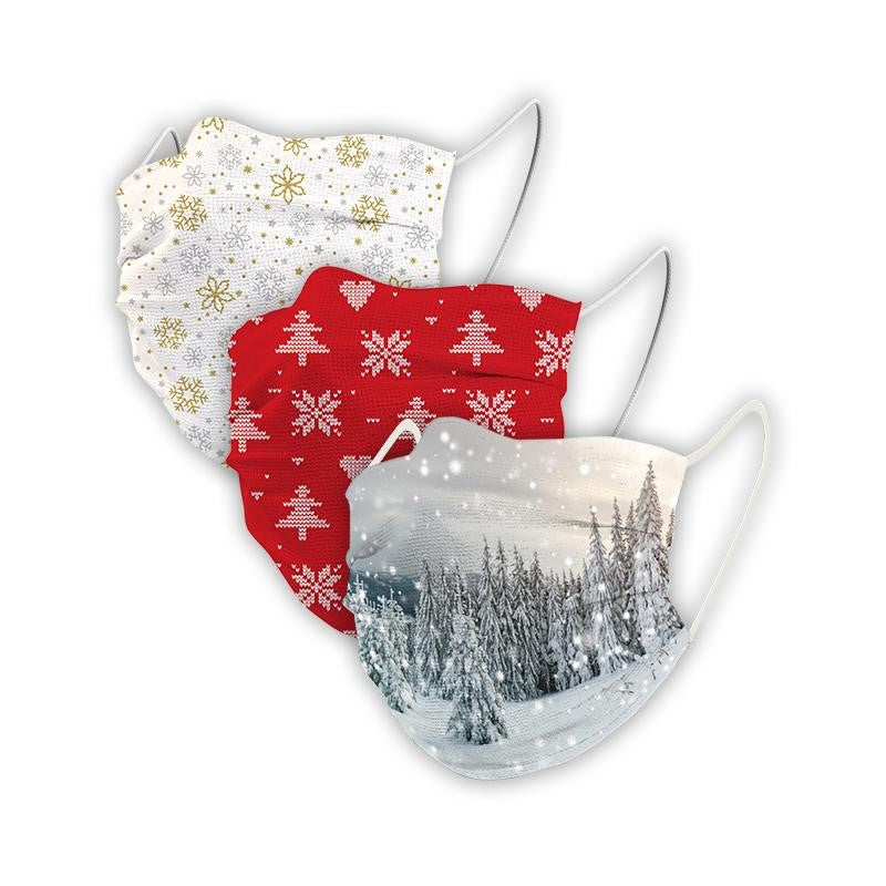 Masques en tissu "Noël enneigé" pour Enfants - Pack de 3 avec pochette